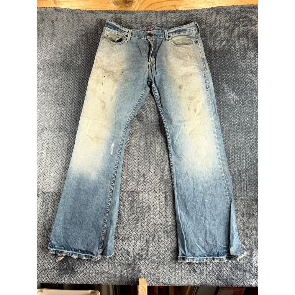 Levi's Bootcut Jeans Mens 36x32 Blue Denim Cotton Light Wash Mid Rise Frayed Hem